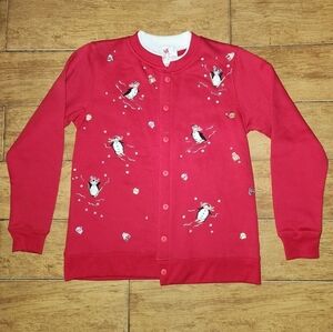 Quacker Factory Red Vintage Christmas Embroided Pingouins Cardigan Sweater S